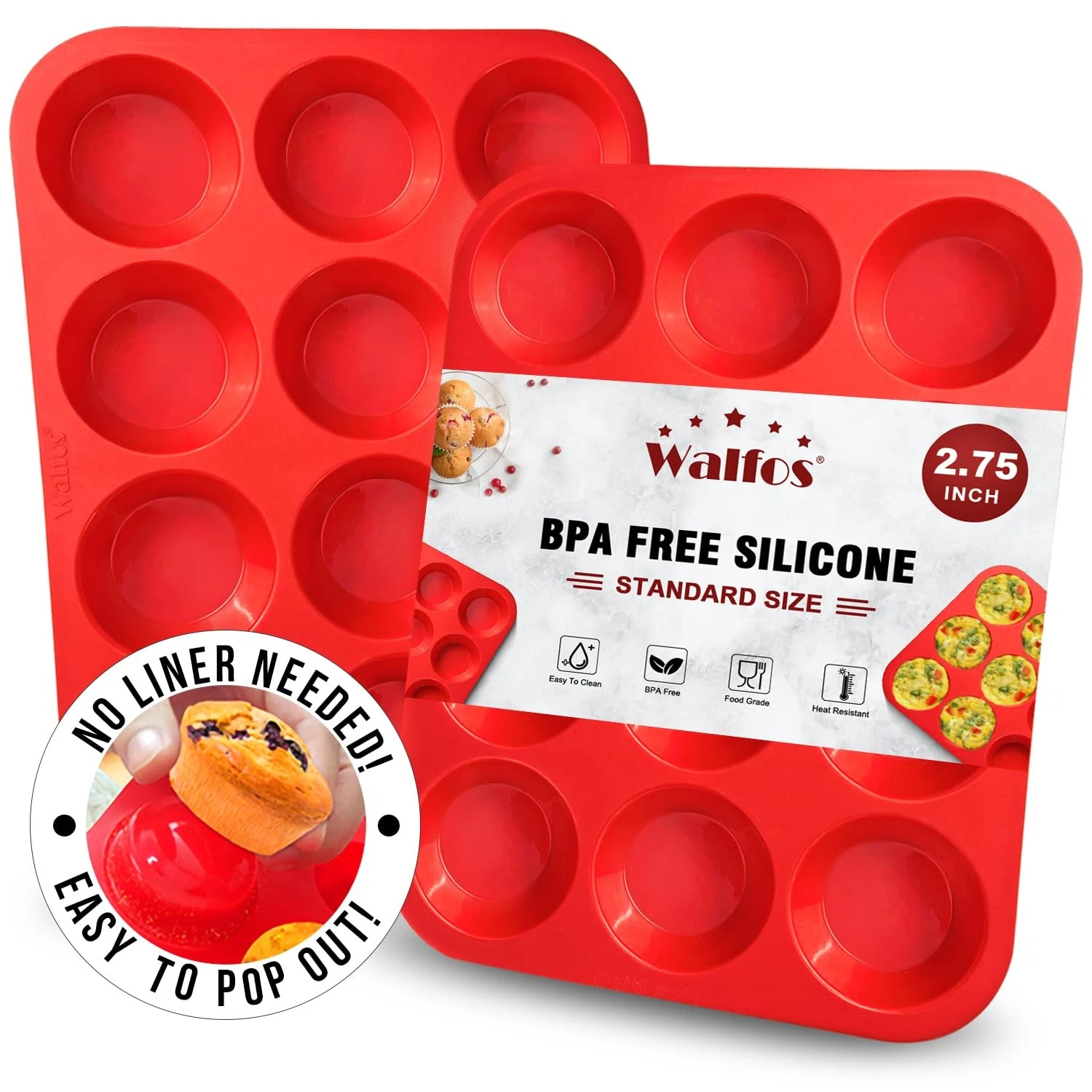 Walfos Muffin Pan Set - 12 2 Pcs: 12 Cups, Regular, (12 Cup-2PK)