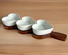 Macys The Cellar 3 Bowls Heart Shape Servìng Set Acacia Wood Tray Stoneware Box