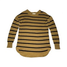 Womens Long Sweater M Beige w/Black Stripes Long Sleeves Crew Neck