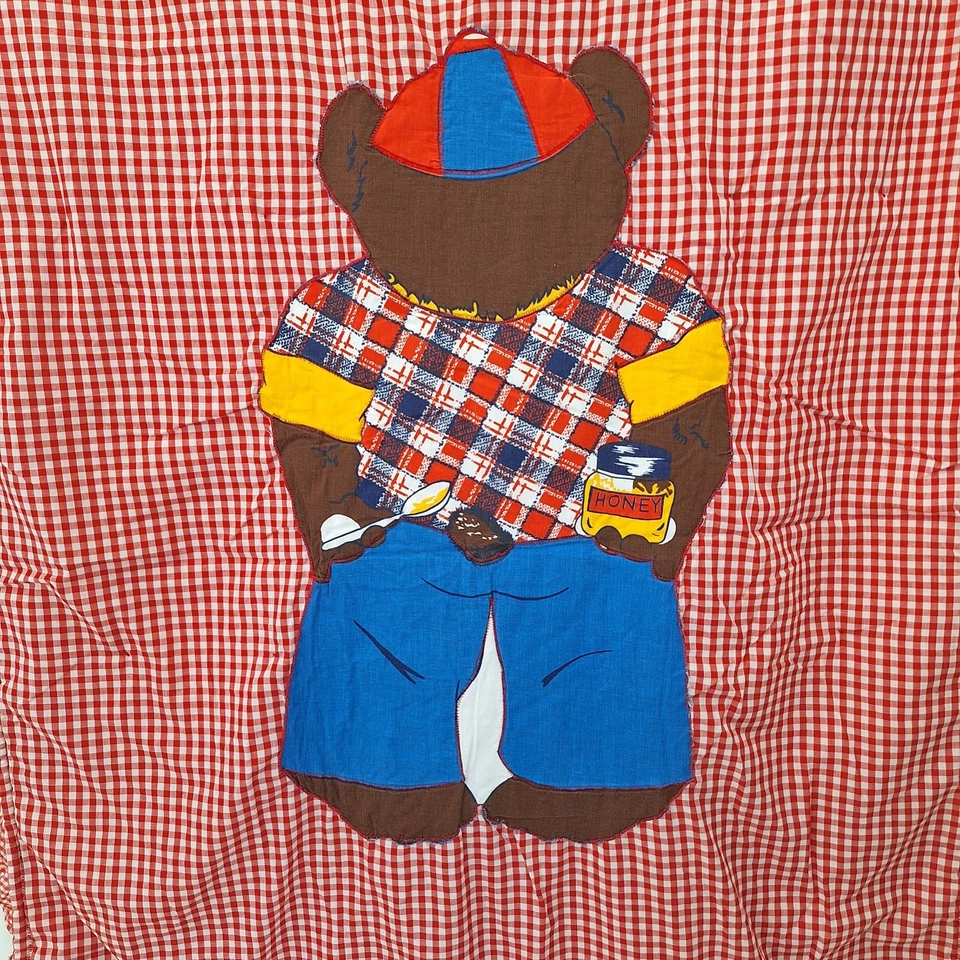 Edredón manta cuna a cuadros de guinga de colección años 70 Big Honey Bear Leñador EVC Foto 3 de 4