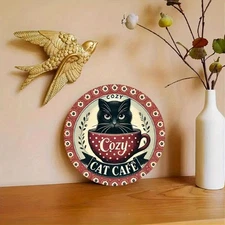 Cozy Cat Cafe Vintage Style Round Aluminum Sign 8x8inch Metal Wall Art