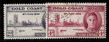 GOLD COAST GVI SG133-134, 1946 VICTORY set PERF 13½ X 14, VFU. Cat £10.