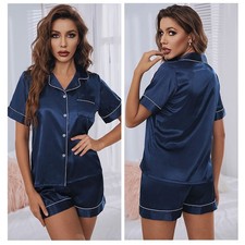 Women Satin Pyjamas Nightwear PJs Set Ladies Silk Short Sleeve Button Sleepwear