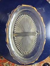 Jeanette Starburst Divided Relish Pickle Appetizer Oval Glass Gold Trimmed Dish
