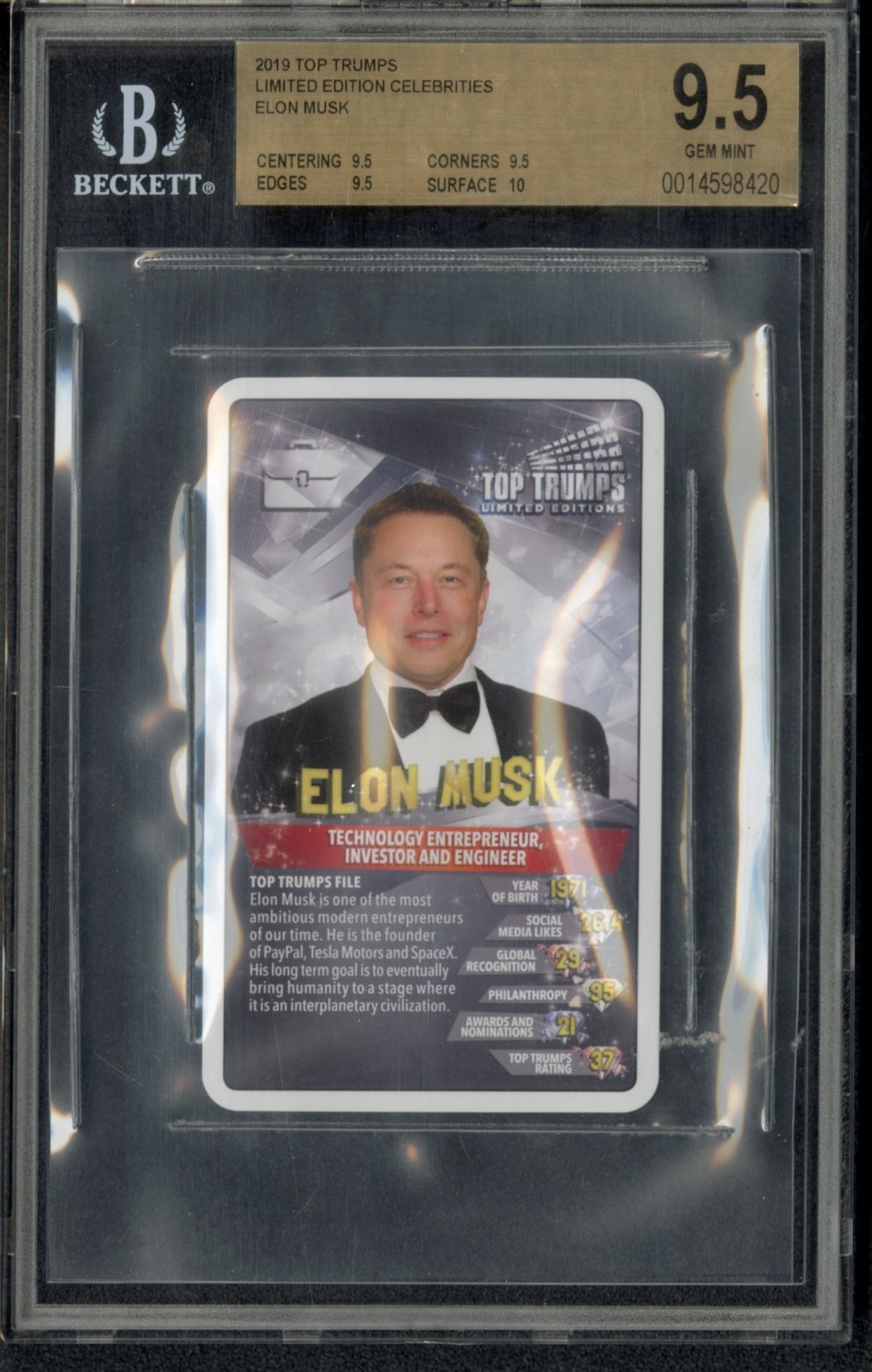 2019 Elon Musk FIRST CARD EVER! Top Trumps ROOKIE! BGS 9.5 GEM MINT Rare! SpaceX