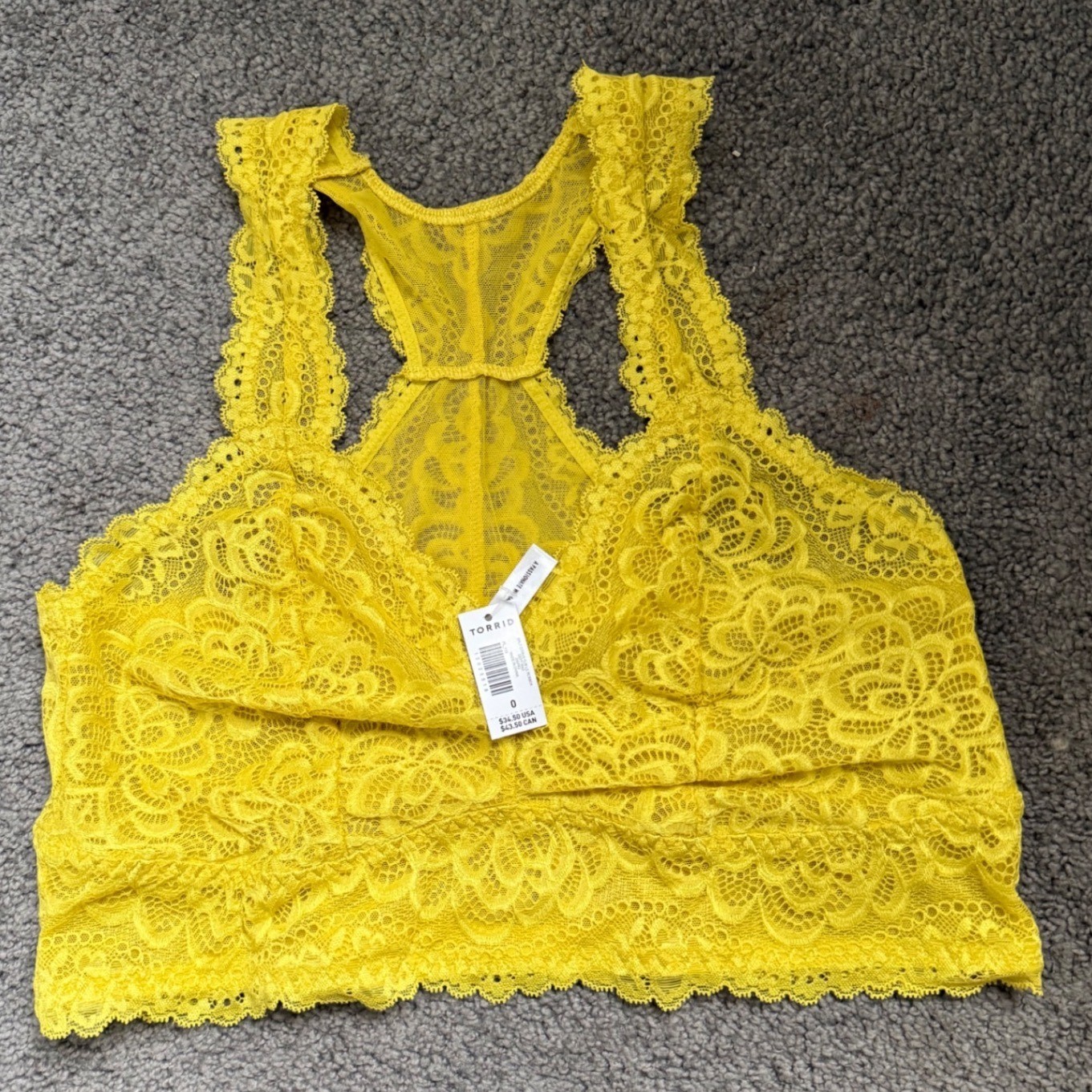 Torrid Curve Citrus Yellow Floral Lace Racerback Bralette Size 0 NWT 12025516