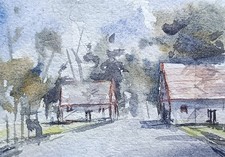 original watercolor painting ACEO Road house trees rural barn street Sky #SIBY