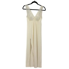 Vintage Cream Lace Nylon Full Slip Nightgown Womens Small V Neck Lingerie USA