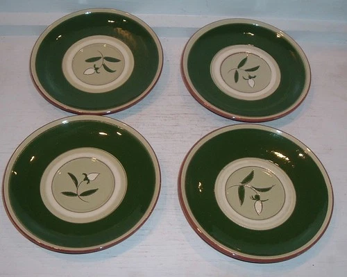 4 VINTAGE STANGL POTTERY STAR FLOWER GREEN PLATES OR TEA CUP SAUCERS