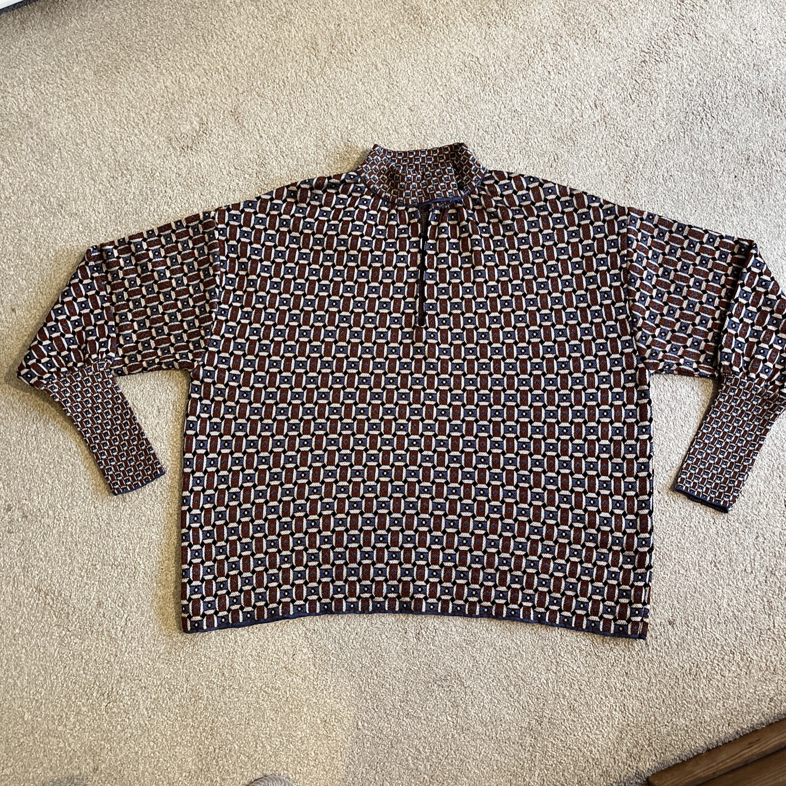 Zara brown and blue geometric knitted top. RARE. Size LARGE. High neck