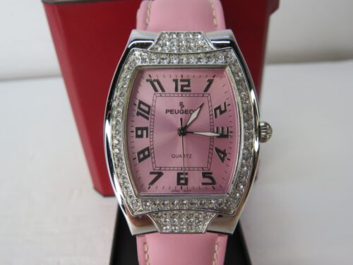 P. Peugeot 345PK pink Wristwatch Quartz Genuine Leather Strap Swarovski crystals - Picture 2 of 7