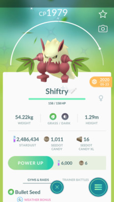 Pokemon Trade GO - Shiny Shiftry with Legacy & 2nd move for PVP Ultra