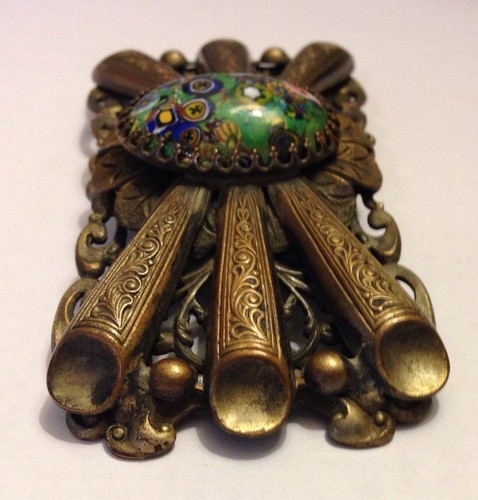 Very Large Antique Vintage Metal Pin Brooch With Oval Floral Enamel Center 1920s - Picture 5 of 6