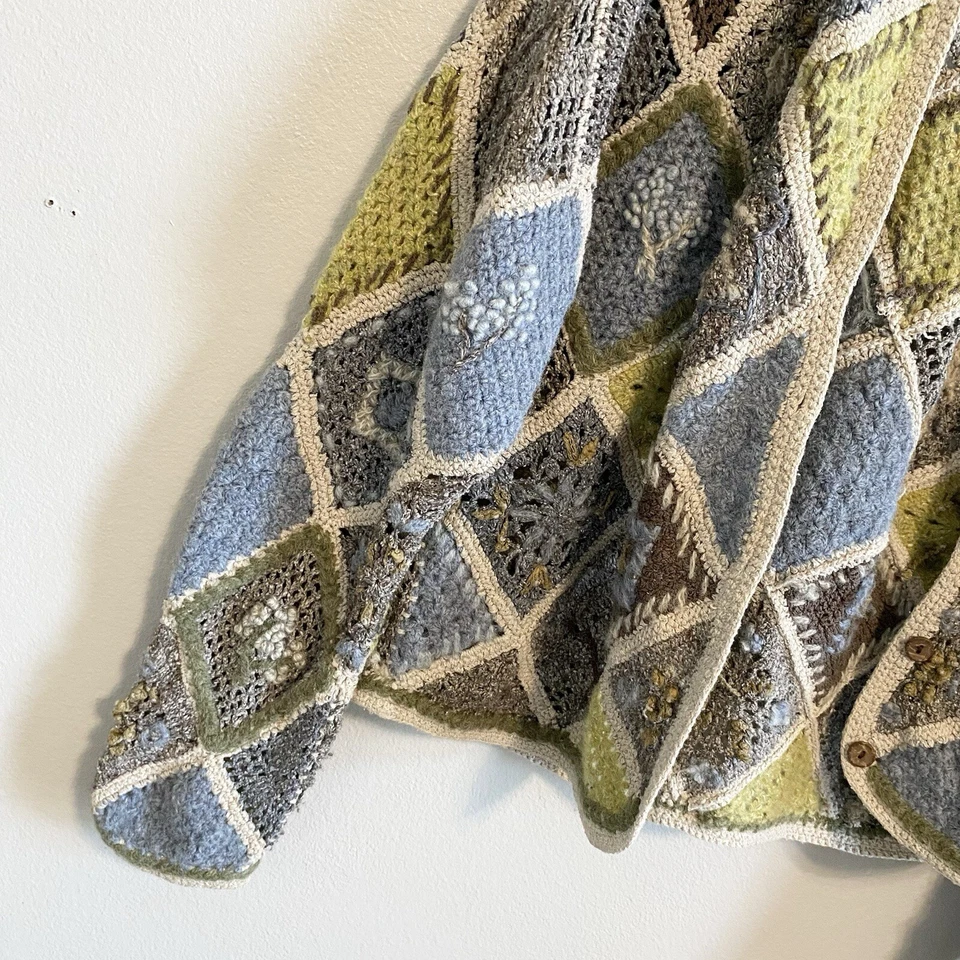 Vintage Knitted by Hand Silk Wool Blend Blue Green Granny Sweater Cardigan L - Image 2 of 4