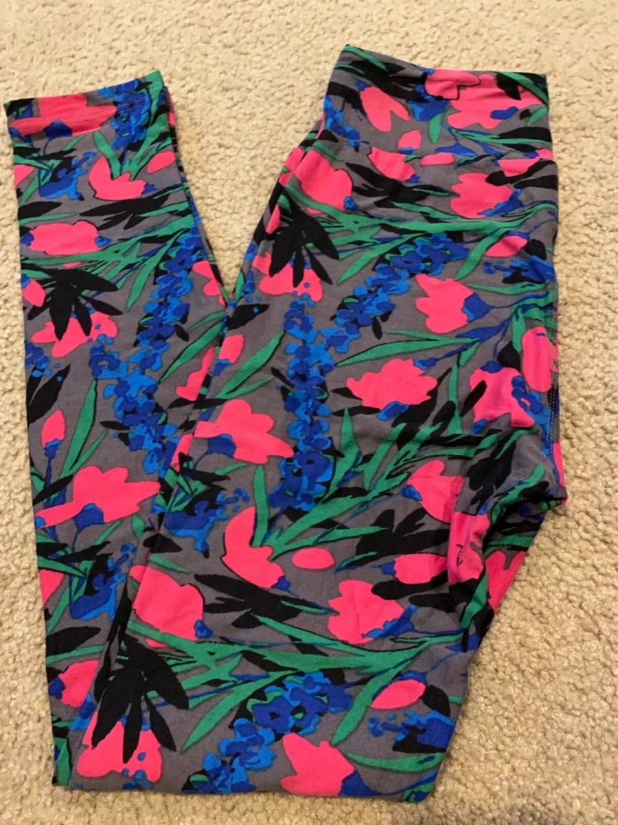 NEW LuLaRoe Leggings OS Gray Floral Pastel Colorful Tulip Print - One Size  412