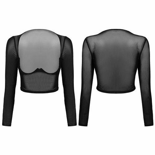 Women See-through Crop Top Mesh Sheer Open Front Long Sleeve T-shirt Tops Blouse - Picture 4 of 42