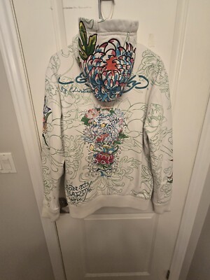 Rare Y2K Ed Hardy Christian Audigier White Leather Jacket Floral