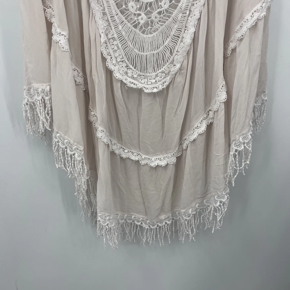 Agua Bendita Silk Poncho Women One Size Coverup Fringe Pink Quiet Cottage READ - Image 3 of 4