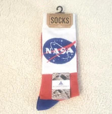 1 Pair NASA Red White Blue Crew Socks Size 6-12 Stars Logo Aldrin Family Fndn