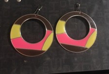 Large Go Go Hoop Earrings Block Pattern Hippie Boho Jewelry 2.25  Vintage