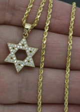 Real 10k Yellow Gold  Star Of David Pendant + Rope Chain 16