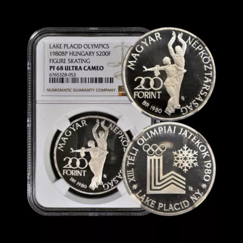 HUNGARY. 1980, 200 Forint, Silver - NGC PF68 - Lake Placid Olympics, Skating 053