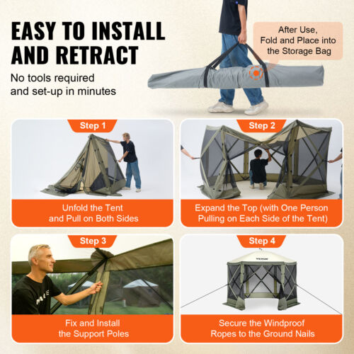 VEVOR Pop Up Gazebo Tent Pop-Up Screen Tent 6 Sided Canopy Sun Shelter Green - Picture 5 of 12