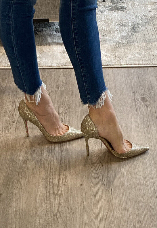 Christian Louboutin Luminor Iriza 100 D’Orsay Glitter Gold Pumps Size 36 1/2