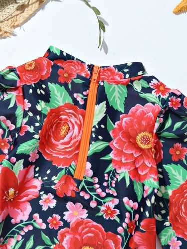 Infant Baby Girls One-piece Long Sleeves Bodysuit Floral Printed Bathing Suit - Picture 33 of 43