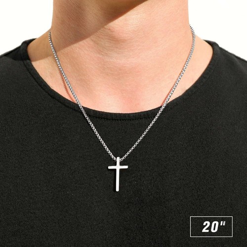Cross Necklace Stainless Steel 20 Inch Box Chain Hypoallergenic Men's Jewelry - Picture 4 of 10