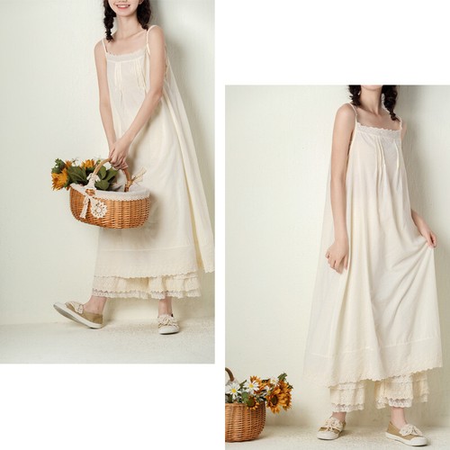 Women Cotton Cami Dress Lace Underdress Embroidery Floral Midi Slip Loose Retro - Picture 11 of 15