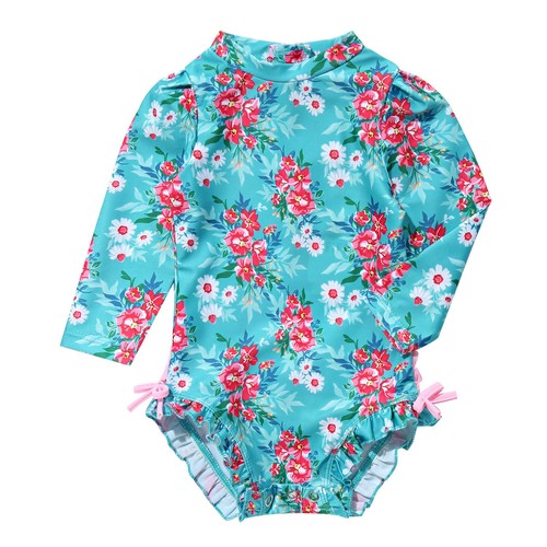 Infant Baby Girls One-piece Long Sleeves Bodysuit Floral Printed Bathing Suit - Picture 24 of 43