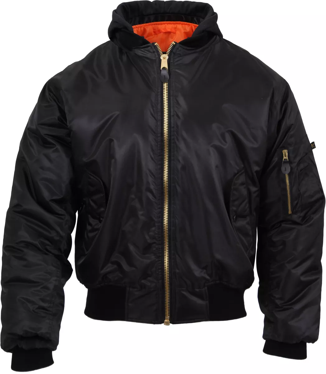 Rothco Black Hooded MA-1 Flight Jacket Reversible Orange Air Force Bomber  Coat