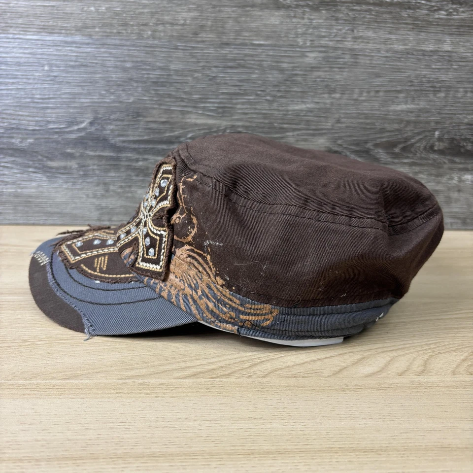 Gorra Leader ajustada para mujer talla única marrón gris cruz estrás cadete militar Foto 4 de 4