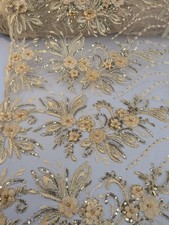 3D Floral Lace Fabric Champagne Gold Beaded Sequin Tulle Bridal Material