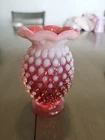 VTG 4" FENTON PINK CRANBERRY OPALESCENT HOBNAIL RUFFLE RIM TOP GLASS MINI VASE