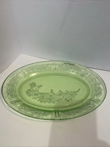 Vintage Federal Glass Uranium Green Cabbage Rose Platter 12" x 9" EUC READ