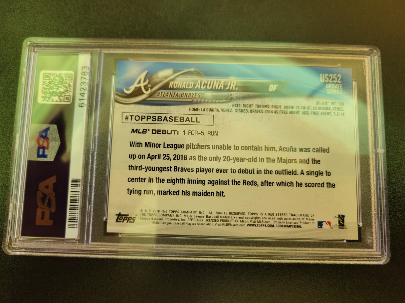 2018 Topps Update #US252 Ronald Acuna Jr. Rookie Debut PSA 9 Mint RC view 4