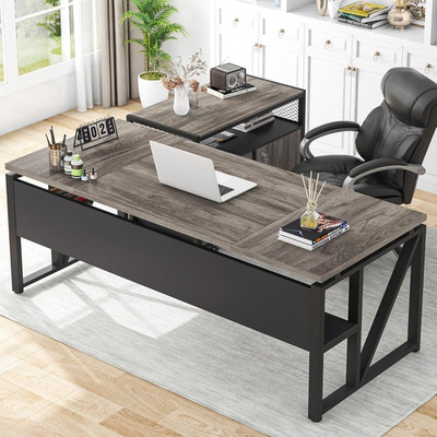 L Shaped Desk with Drawer Cabinet, 63'' Executive Computer Desk and Lateral File
