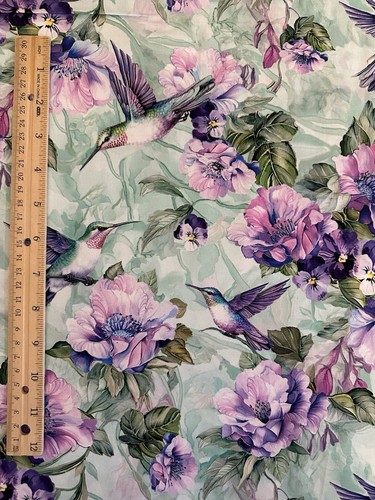 GARDEN DELIGHT HUMMINGBIRDS AND FLOWERS ON SAGE TIMELESS FLORAL FABRIC HALF YARD - Picture 5 of 9