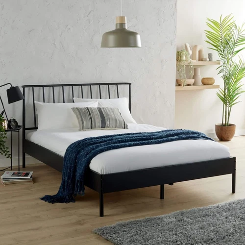 Double Black Metal Bed Frame with Headboard Home Bedroom Wooden Slats Seconds