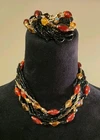 Vintage Necklace DEAUVILLE 1950s Triple Strand Black and Red  Goldtone Jewellery