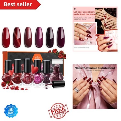 Salon-Quality Quick Dry Red Nail Polish Set - 6 Burgundy Shades & Cat Eye Effect