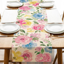 Spring Summer Watercolor Flower Table Runner, Peony Floral Kitchen Dining Table
