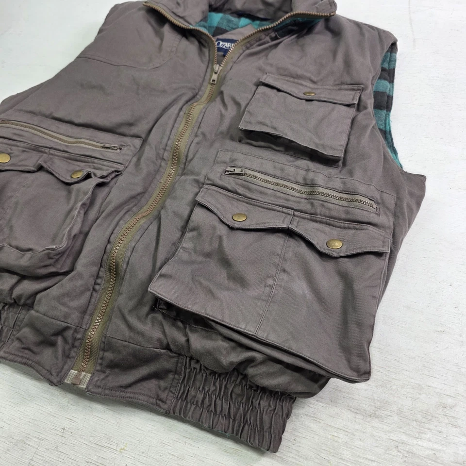 Ozark Trail 90s Green Plaid Gray Cargo Outdoor Puffer Vest Lumberjack Mens Sz XL - Image 3 of 4