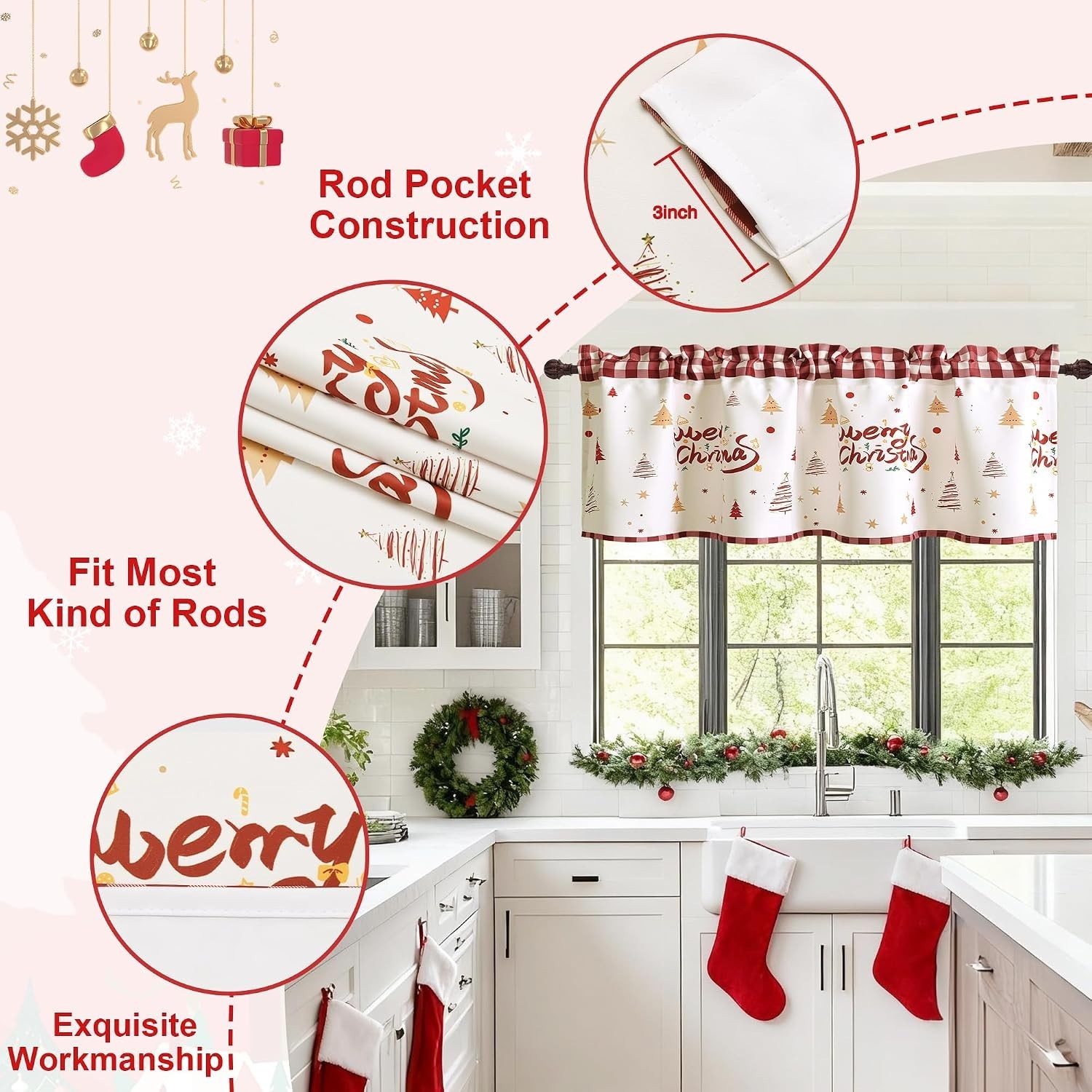 Long Valance Christmas Red Rod Pocket Valance 132 cm Wide 46 cm Long Energy ...