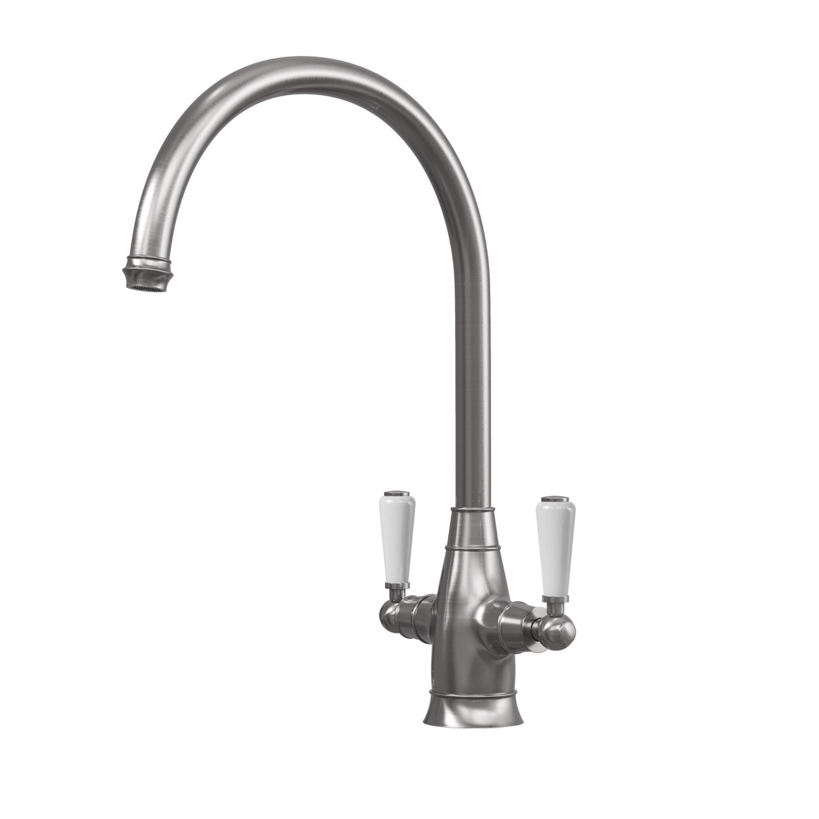 Liquida OS52PT Pewter Swan Neck Twin Lever Traditional Kitchen Mixer Tap