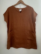 Andrea Jovine 100% Linen Boxy Top Shirt Womens M Brown S/S Cottage Langenlook