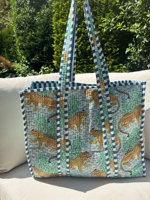 Tote Bag Gesteppt Shopper Baumwolle Groß Schultertasche Strandtasche Uni -Türkis