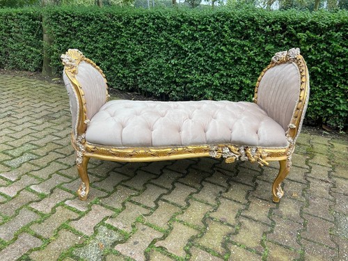 Sofa Settee Bench French Louis XVI Tan Velvet Gilt Frame Antique Style Seat - Picture 13 of 13